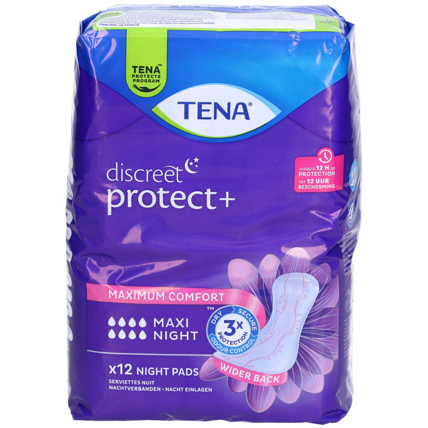 TENA Discreet protect+ Maxi Night verpakking. Paarse verpakking met productafbeelding en tekst. 12 nachtverbanden.