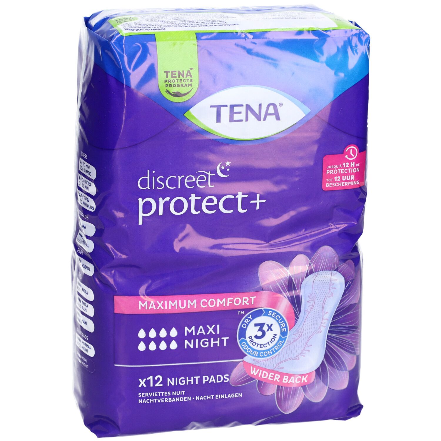 TENA Discreet protect+ Maxi Night verpakking. Paarse verpakking met productafbeelding en tekst. 12 nachtverbanden.