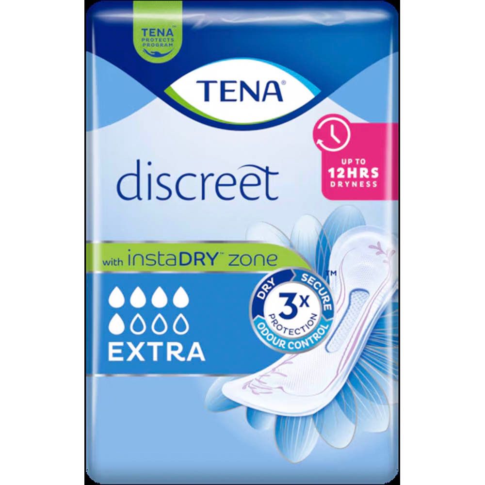 Verpakking van TENA Discreet Extra. Blauwe verpakking met afbeelding en tekst. Tot 12 uur droogheid.