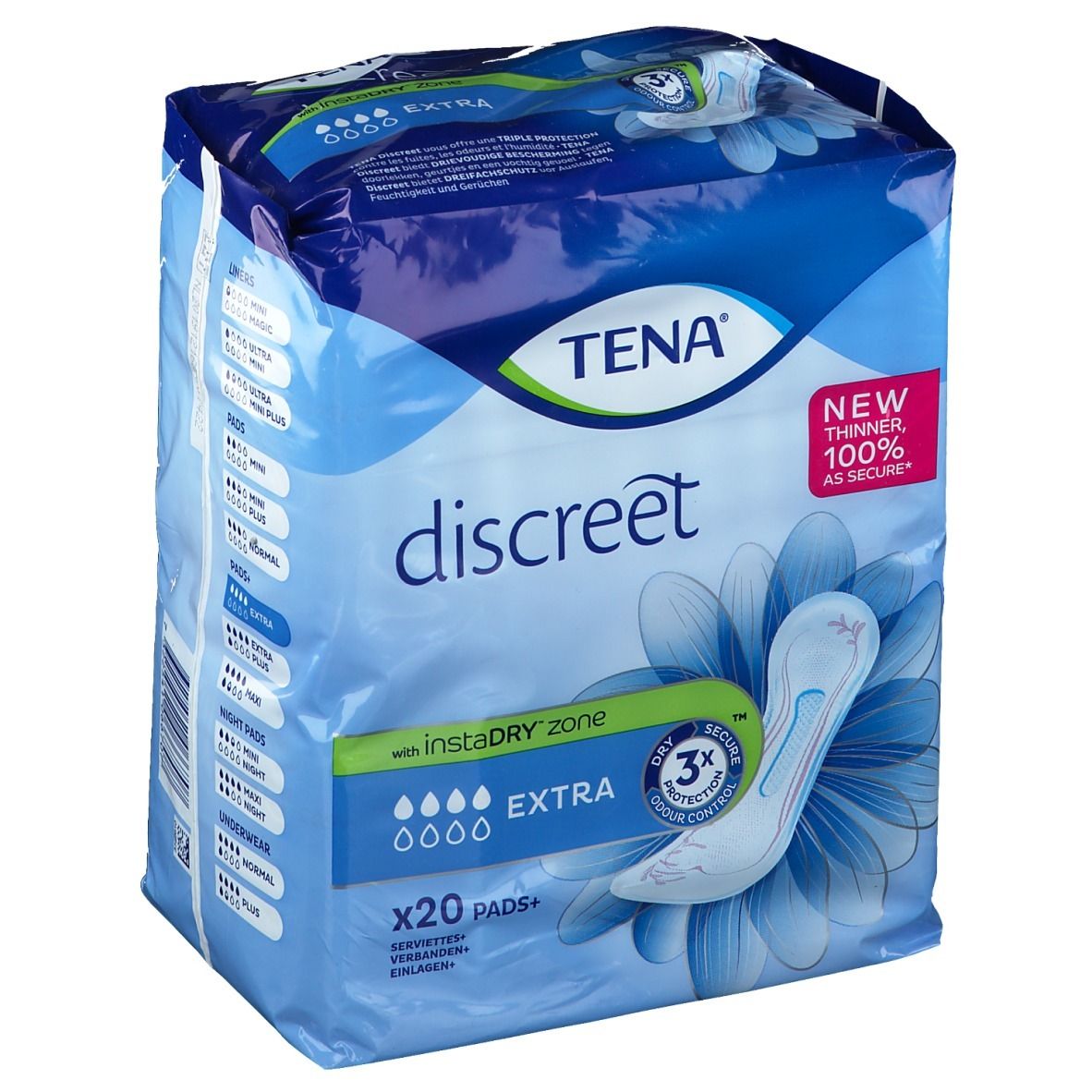 Verpakking van TENA Discreet Extra. Blauwe verpakking met productafbeelding en tekst. Bevat 20 inlegkruisjes.