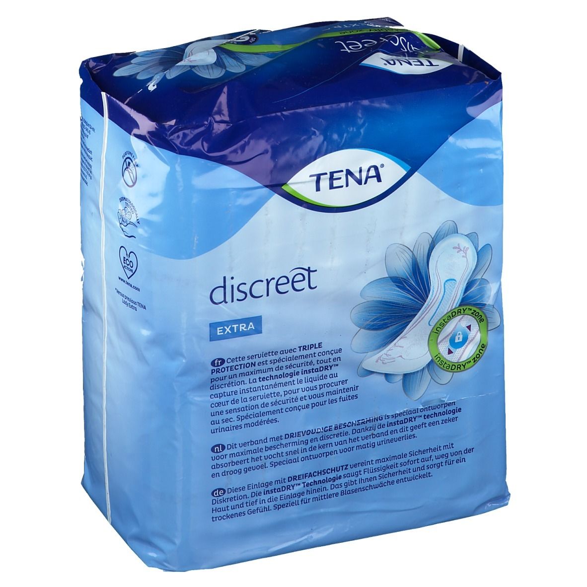 Verpakking van TENA Discreet Extra. Blauwe verpakking met afbeelding en tekst. Tekst in verschillende talen.