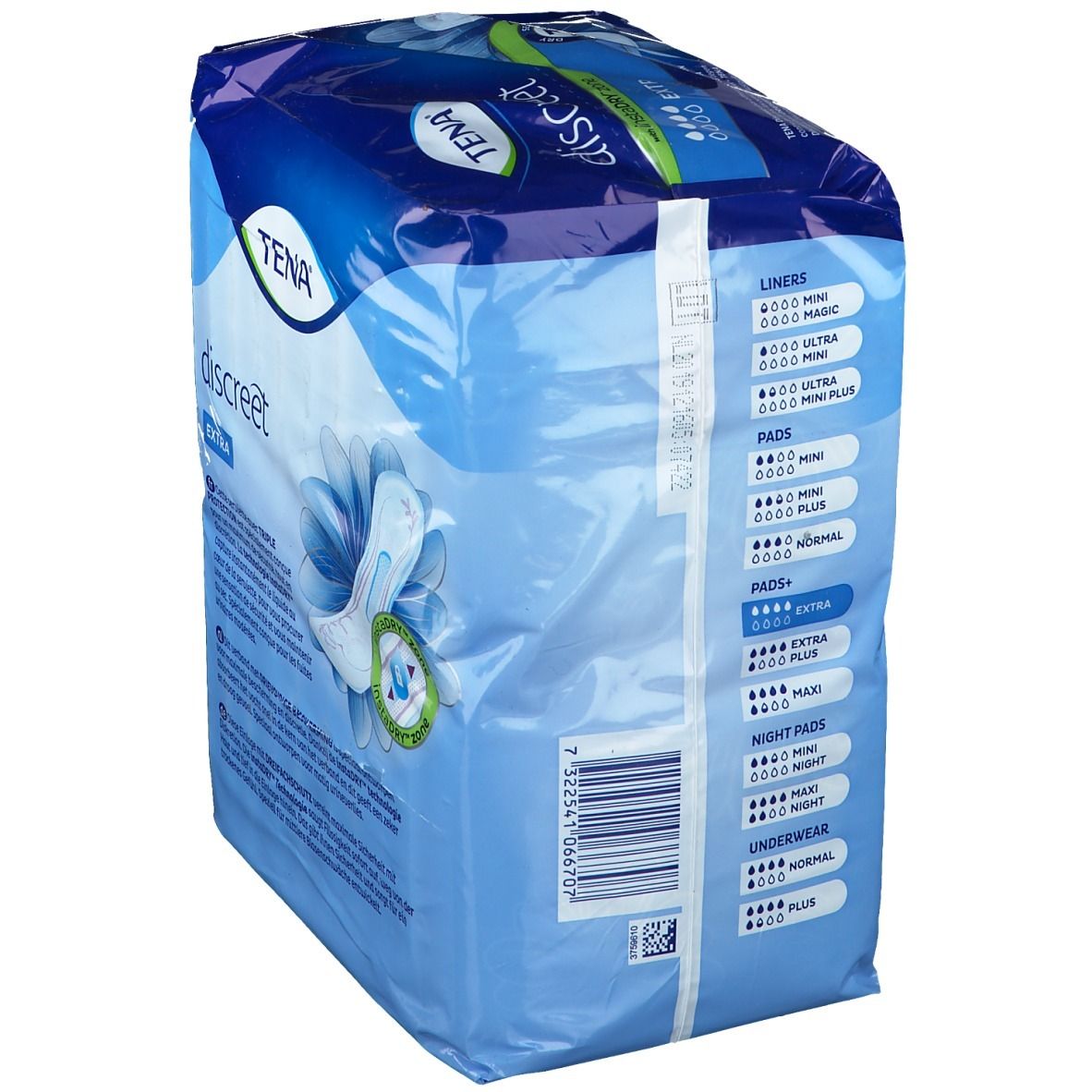 Verpakking van TENA Discreet Extra. Blauwe verpakking met afbeelding en tekst. Zijkant met productoverzicht.