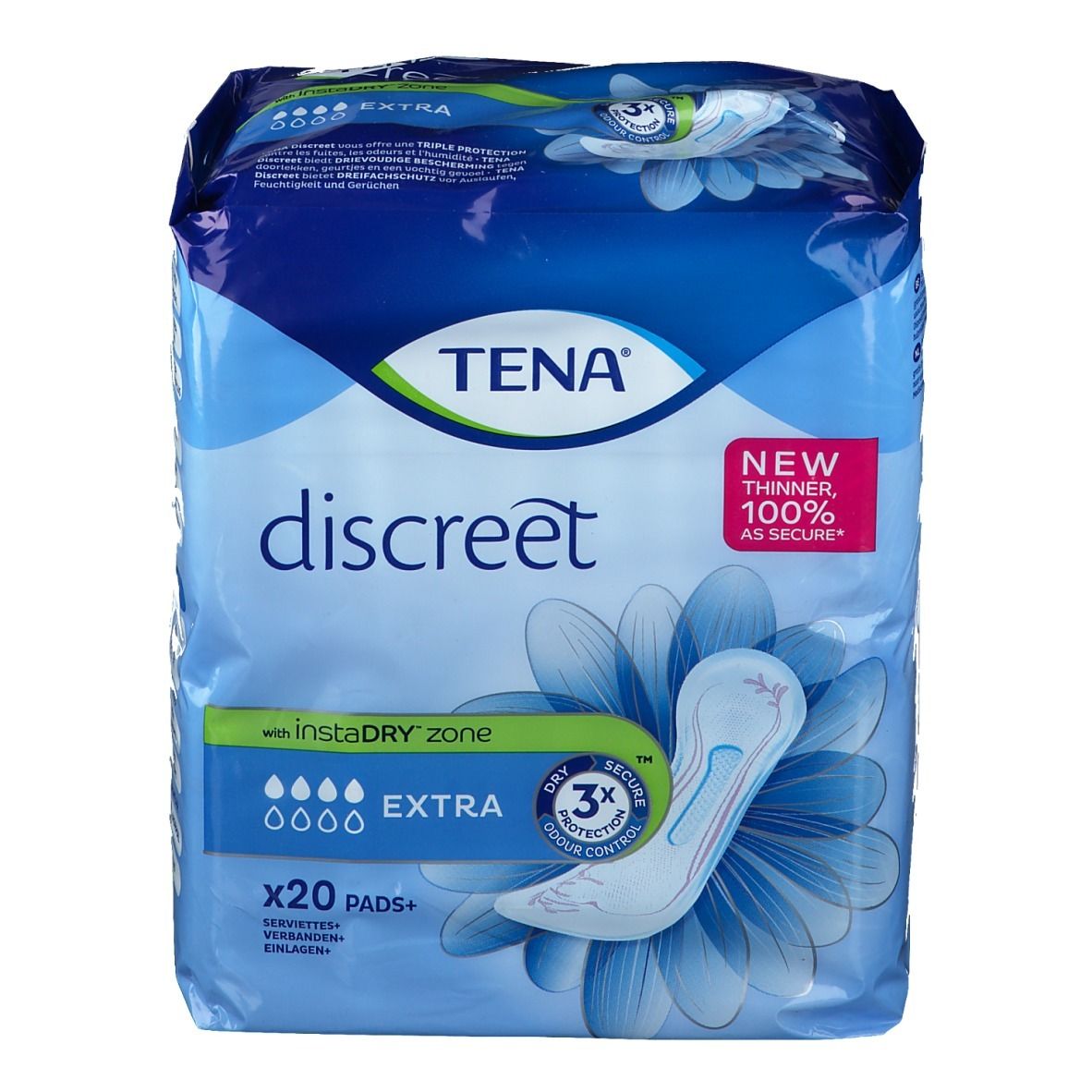 Verpakking van TENA Discreet Extra. Blauwe verpakking met productafbeelding en tekst. Bevat 20 inlegkruisjes.