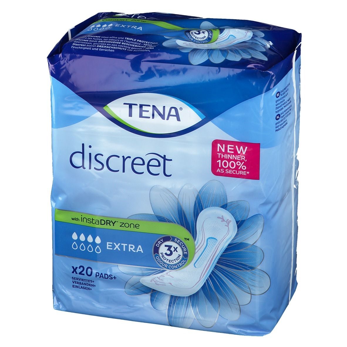 Verpakking van TENA Discreet Extra. Blauwe verpakking met productafbeelding en tekst. Bevat 20 inlegkruisjes.