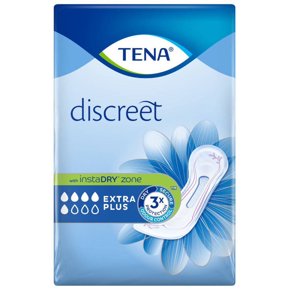 Verpakking TENA Discreet Extra Plus. Met instaDRY zone. x16. Blauwe verpakking met productafbeelding.