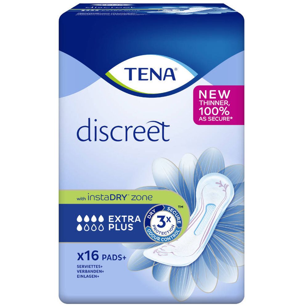 Verpakking TENA Discreet Extra Plus. Met instaDRY zone. x16 Pads+. Blauwe verpakking.