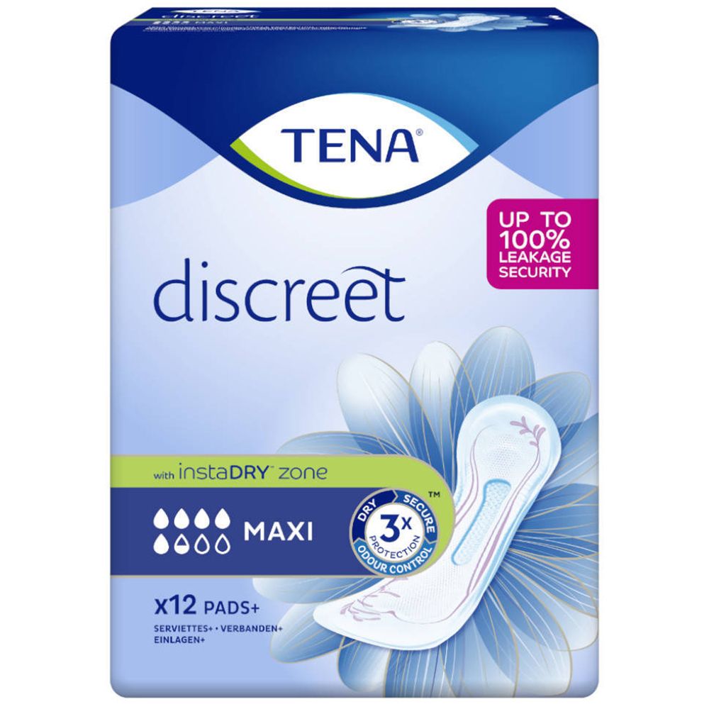 Paquet de TENA Discreet Maxi, 12 unités. Emballage bleu avec image et texte. Marque et nom du produit clairement visibles.