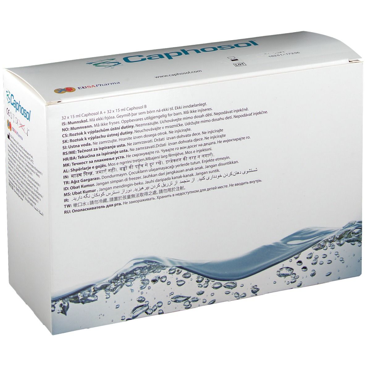 Weiße Verpackung mit Produktinformationen und dem Markennamen Caphosol. Wasser-Grafik auf der Vorderseite.