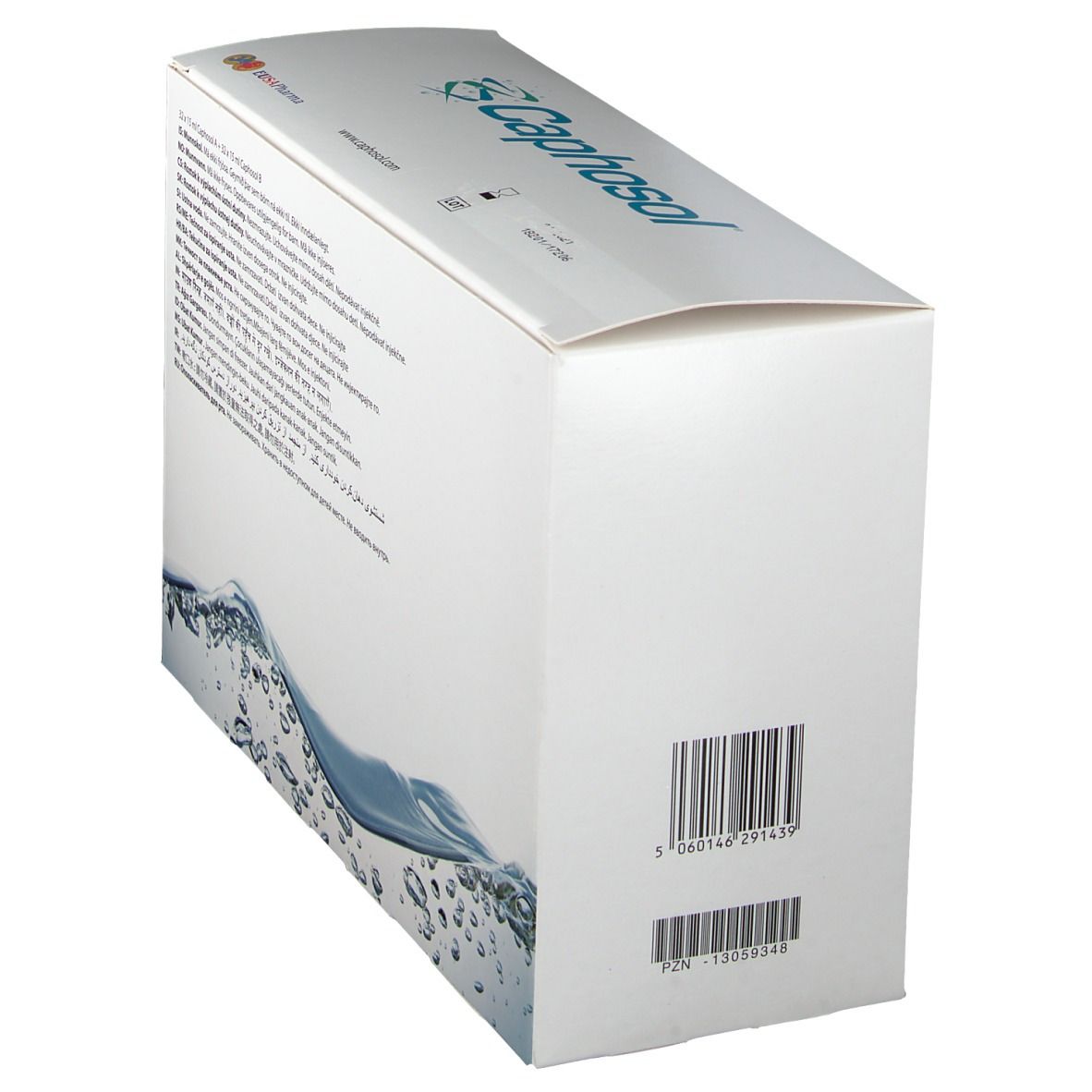 Schräg gestellte weiße Verpackung mit Barcode und Produktinformationen. Caphosol-Logo oben.