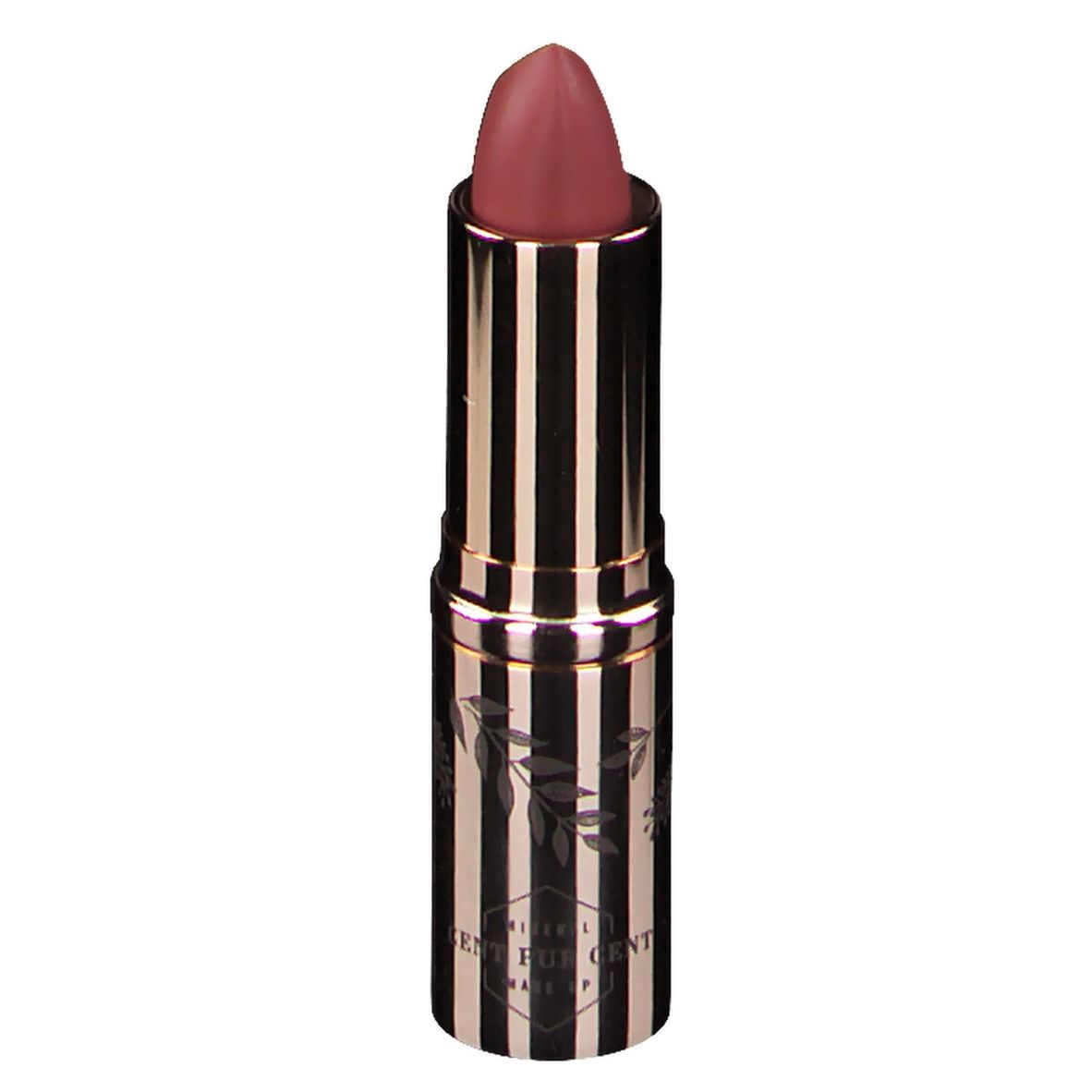 Rouge à lèvres Rosé d'Or. Boîtier doré à rayures noires. Pointe de rouge à lèvres rose. Logo CENT PUR CENT.