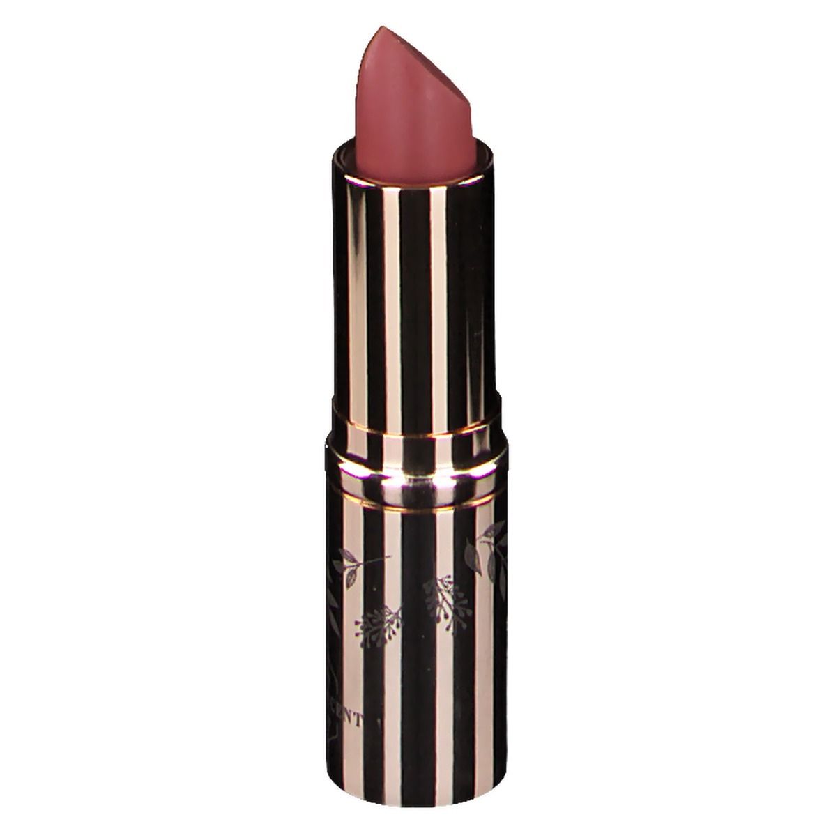 Rouge à lèvres Rosé d'Or. Boîtier doré à rayures noires. Pointe de rouge à lèvres rose. Logo CENT PUR CENT.