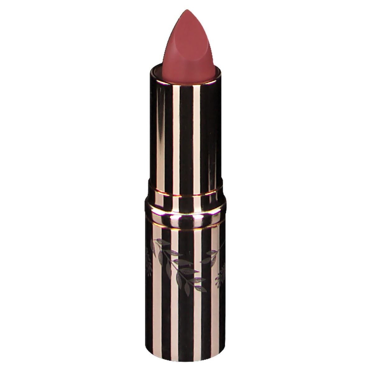 Rouge à lèvres Rosé d'Or. Boîtier doré à rayures noires. Pointe de rouge à lèvres rose. Logo CENT PUR CENT.