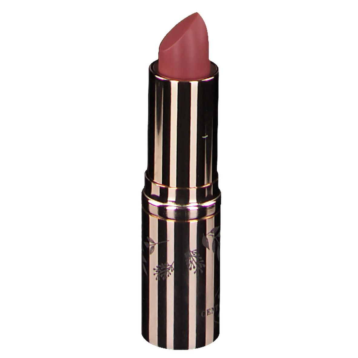 Rouge à lèvres Rosé d'Or. Boîtier doré à rayures noires. Pointe de rouge à lèvres rose. Logo CENT PUR CENT.