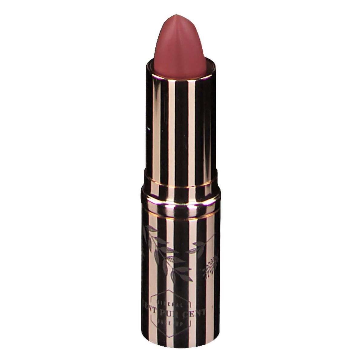 Rouge à lèvres Rosé d'Or. Boîtier doré à rayures noires. Pointe de rouge à lèvres rose. Logo CENT PUR CENT.