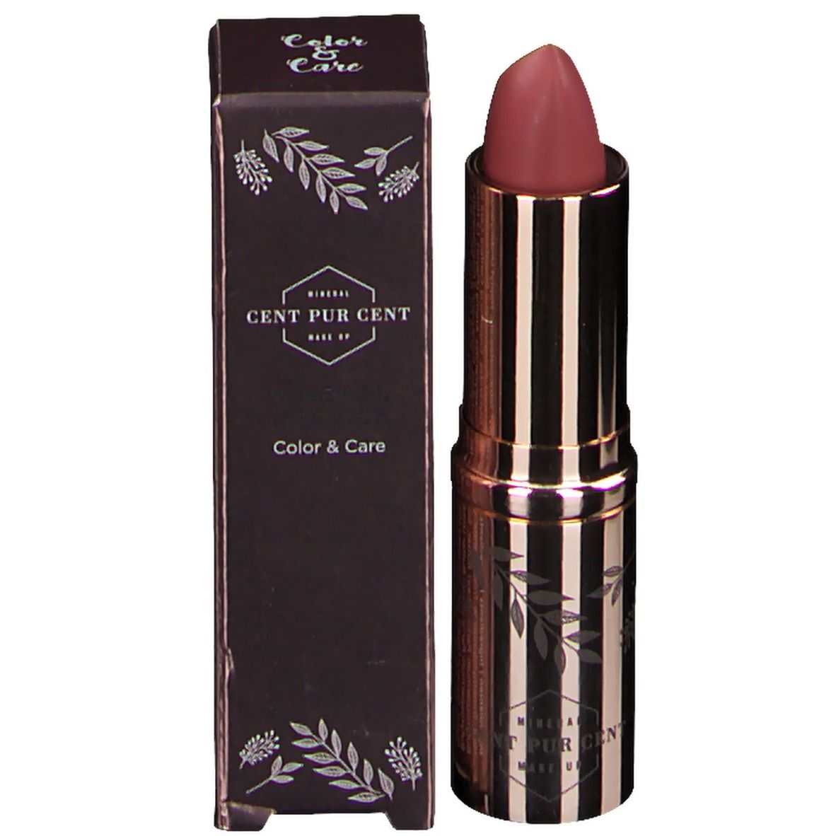 Rouge à lèvres Rosé d'Or avec emballage. Boîte noire avec logo CENT PUR CENT. Rouge à lèvres doré.