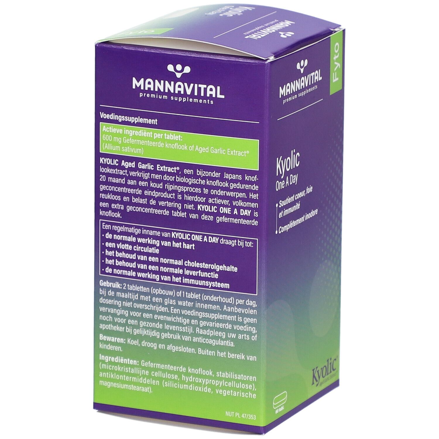 Dos de la boîte MannaVital Kyolic One A Day. Informations en néerlandais.