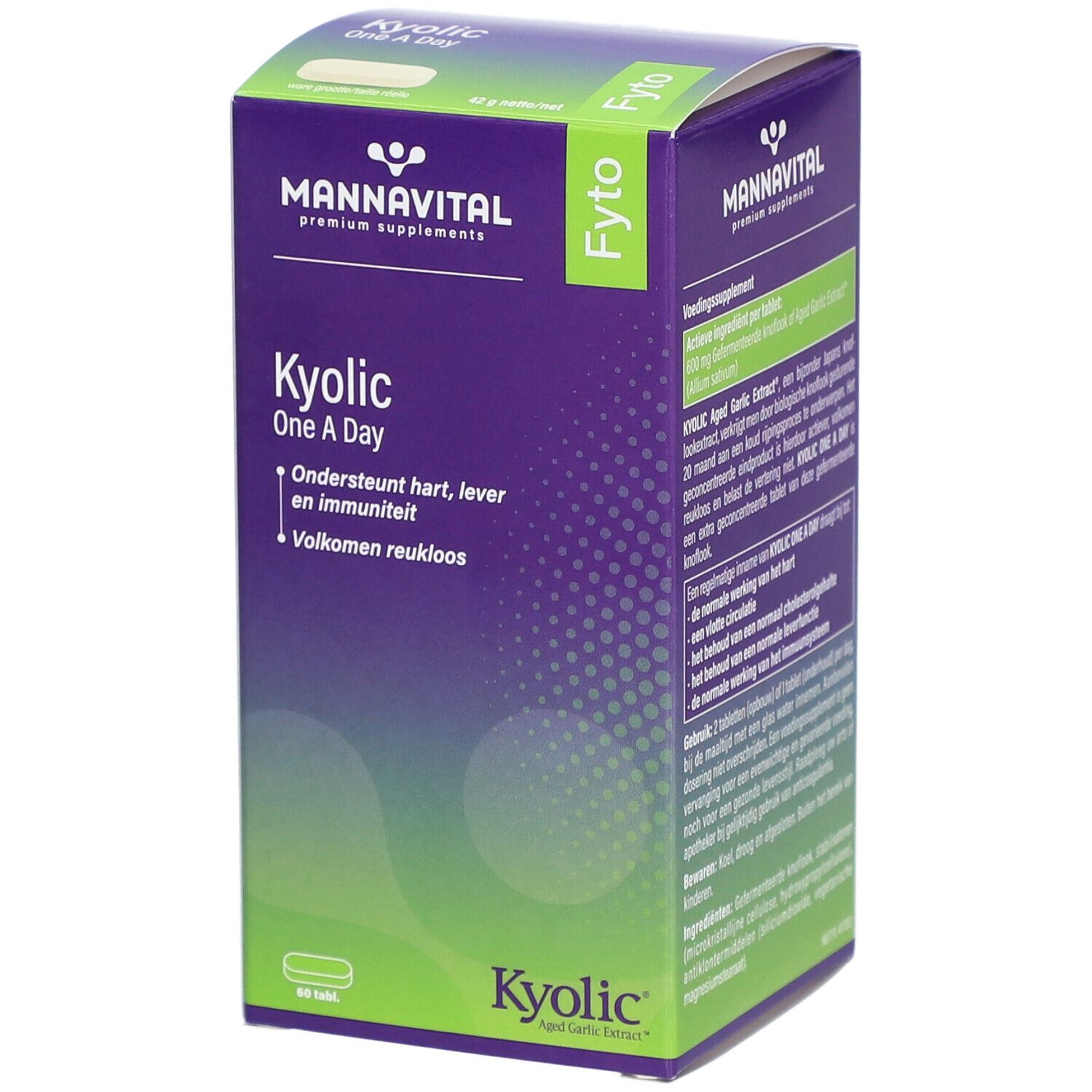 Boîte MannaVital Kyolic One A Day. Violette, avec nom et informations.