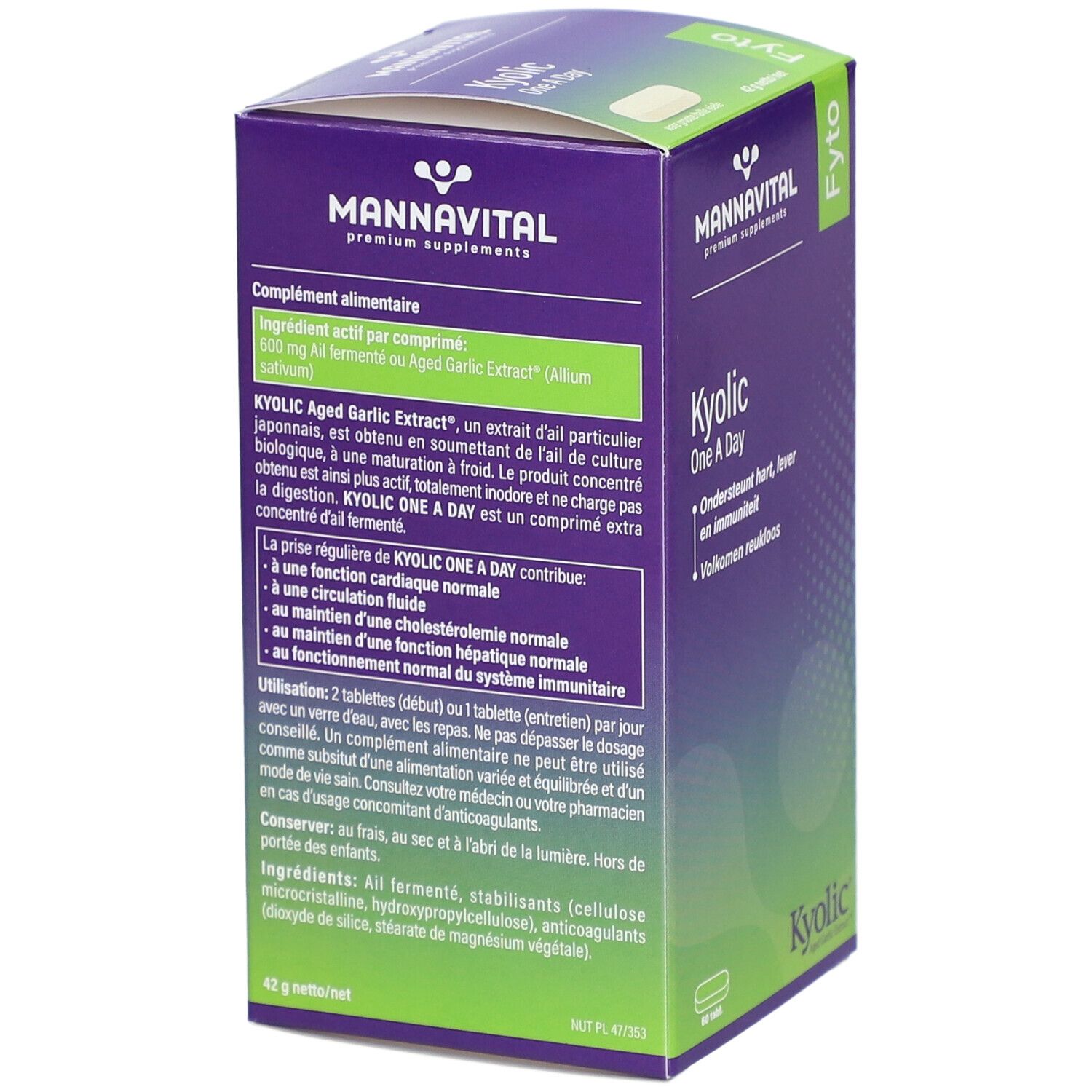 Dos de la boîte MannaVital Kyolic One A Day. Informations en français.