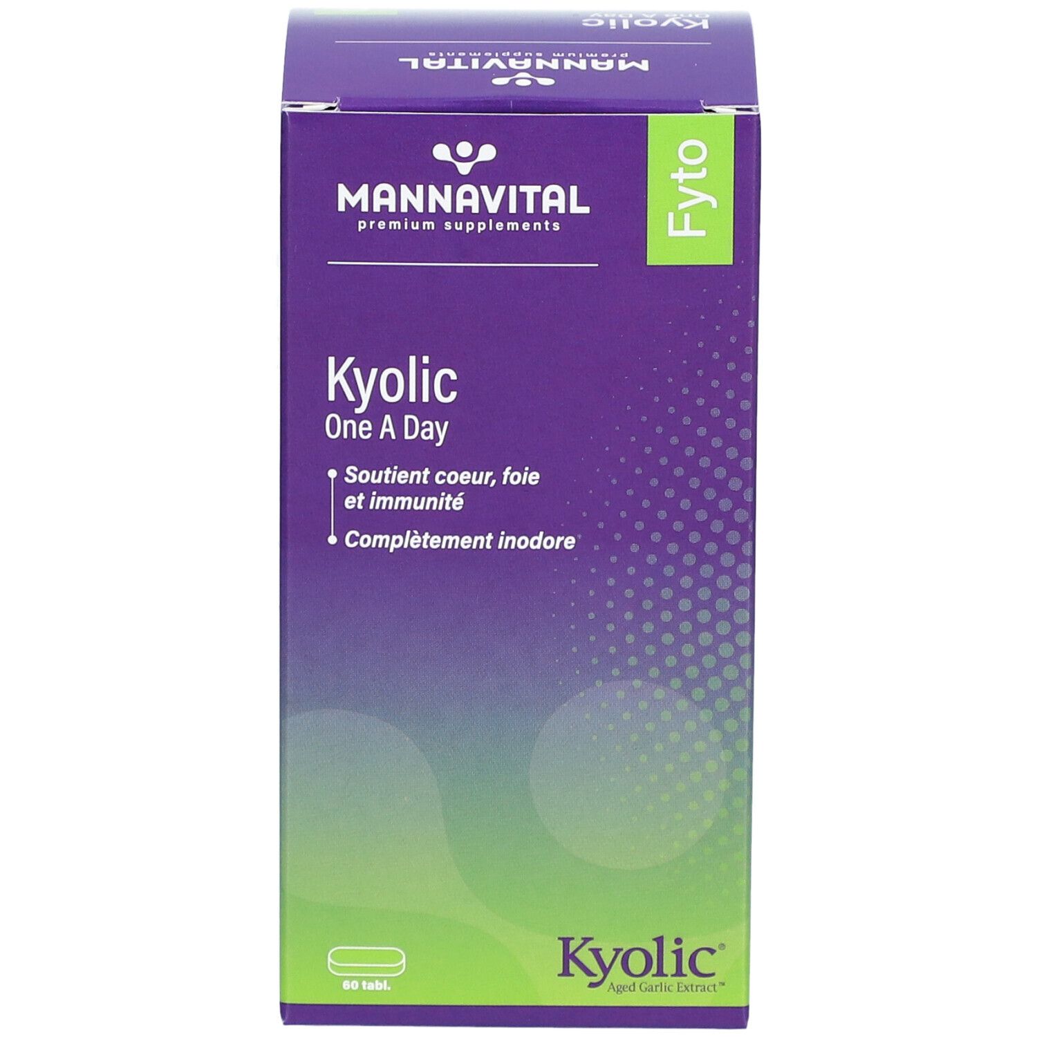 Boîte MannaVital Kyolic One A Day. Violette, avec nom et informations. 60 comprimés.