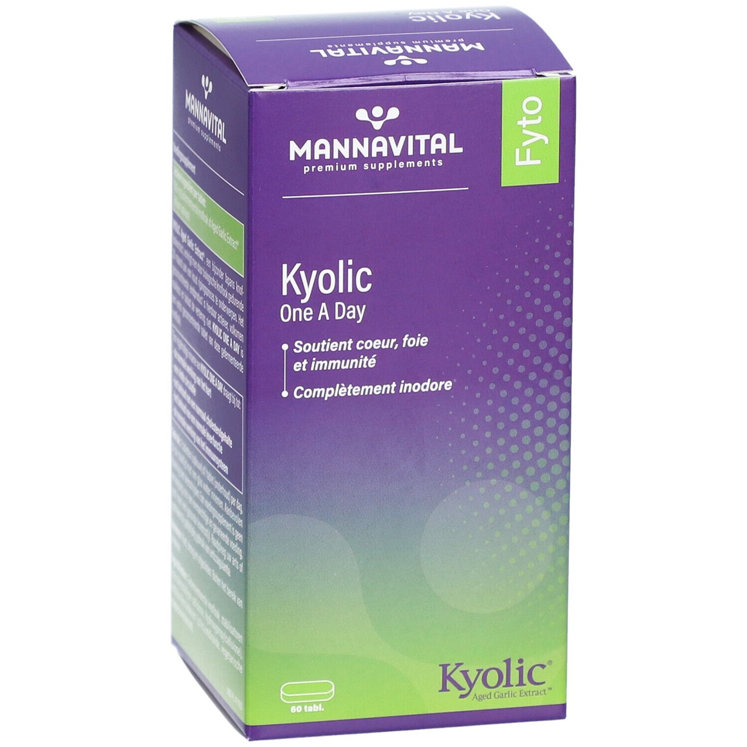 Boîte MannaVital Kyolic One A Day. Violette, avec nom et informations. 60 comprimés.