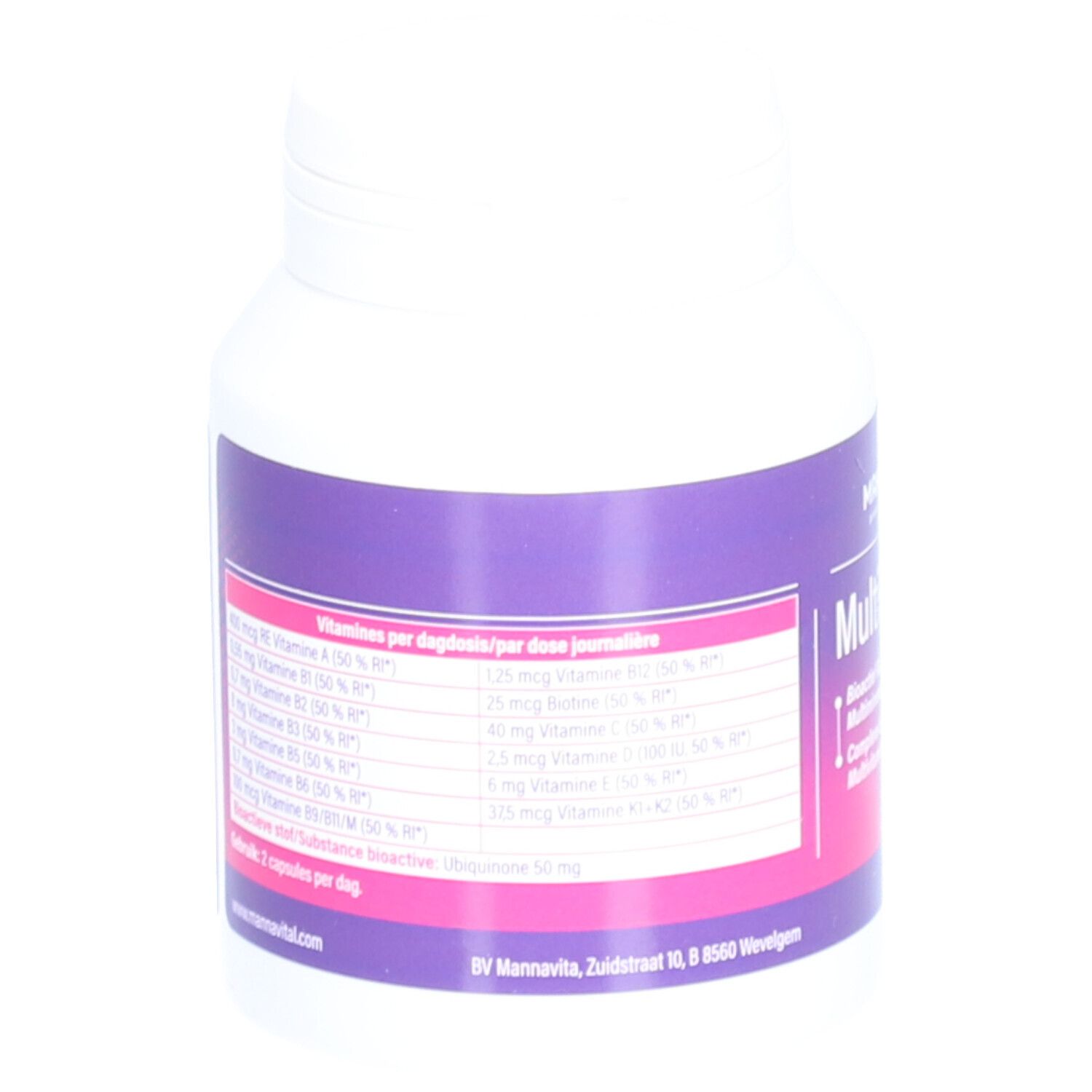 Dos d'un flacon blanc avec étiquette violette. Contient des informations nutritionnelles par dose journalière. Marque: MannaVital.