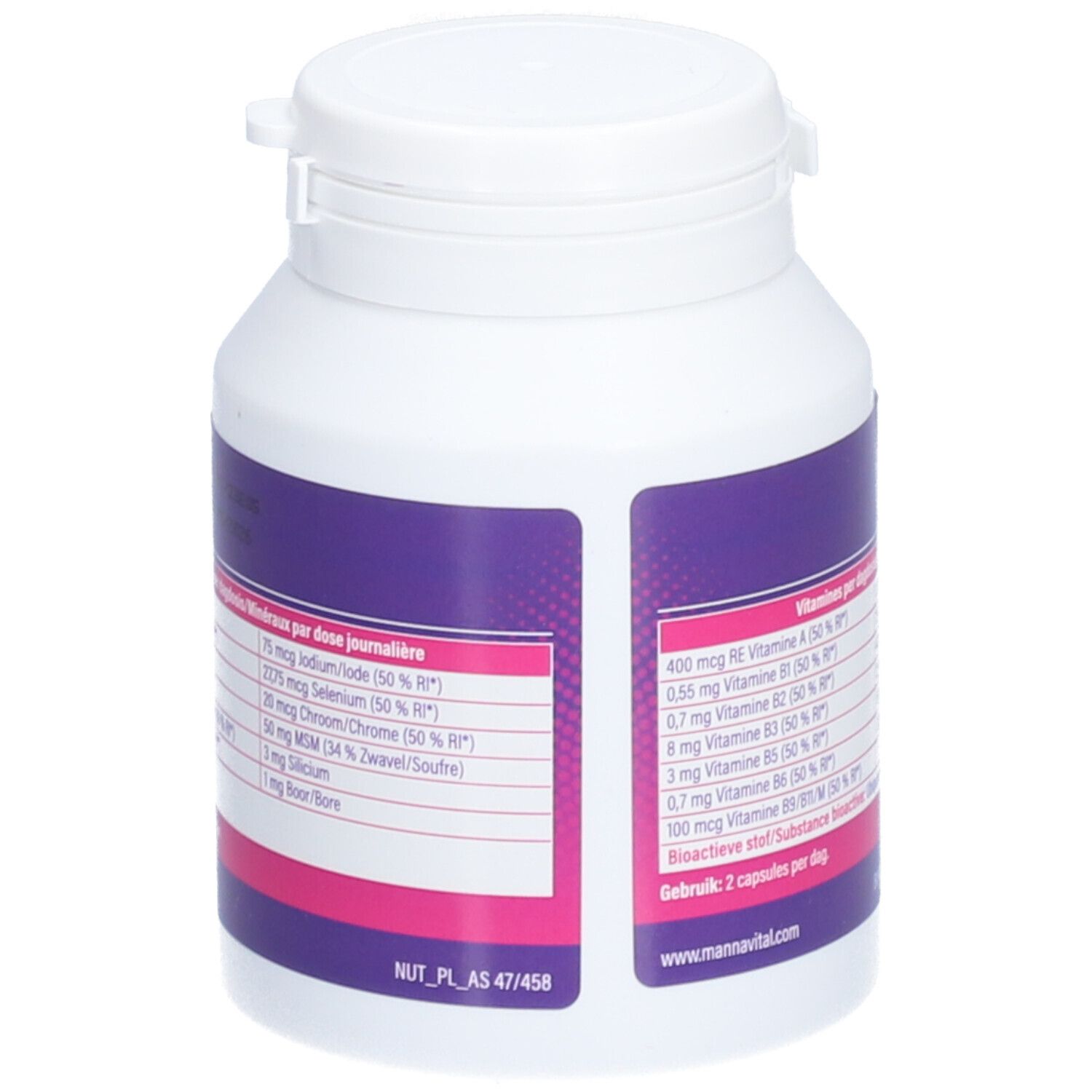 Dos d'un flacon blanc avec étiquette violette. Contient des informations nutritionnelles par dose journalière. Marque: MannaVital.