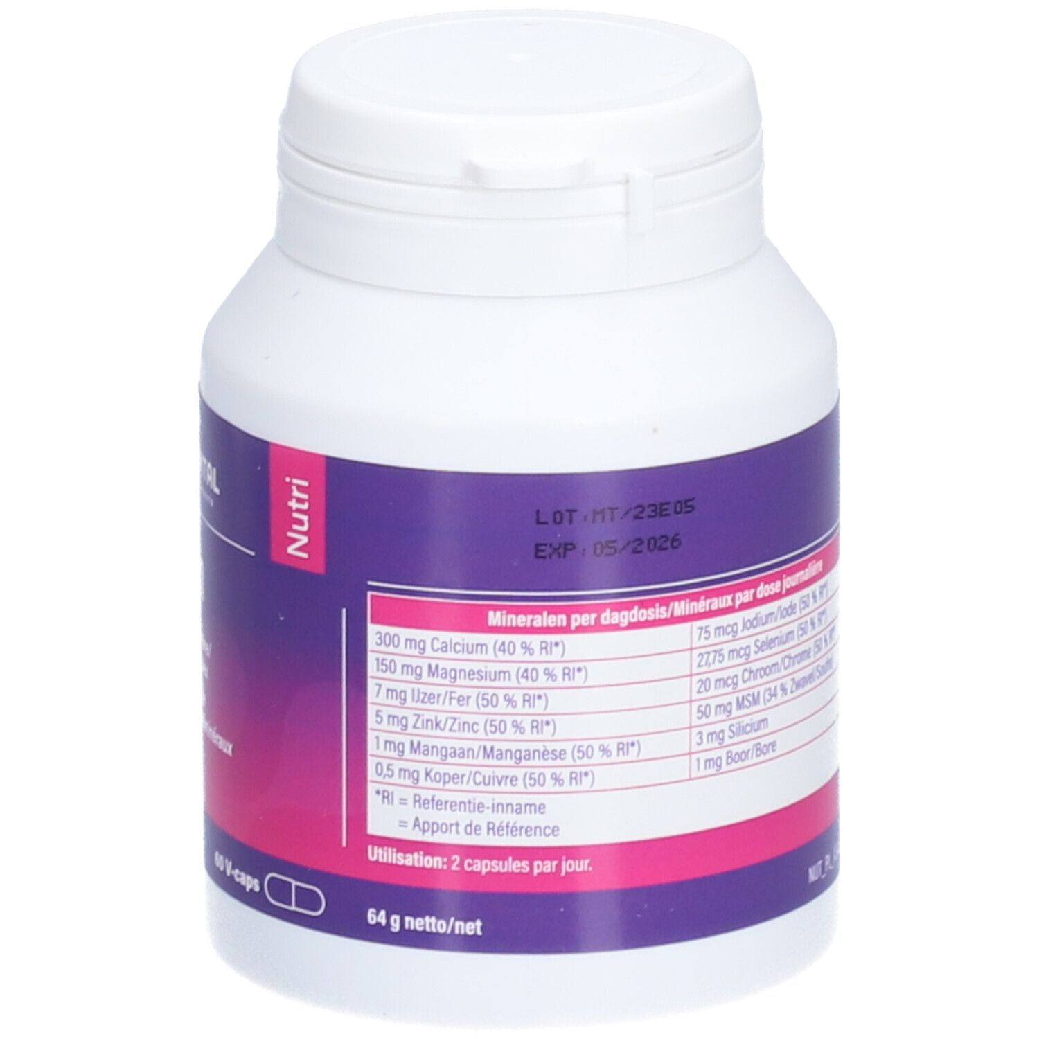 Dos d'un flacon blanc avec étiquette violette. Contient des informations nutritionnelles par dose journalière. Marque: MannaVital.