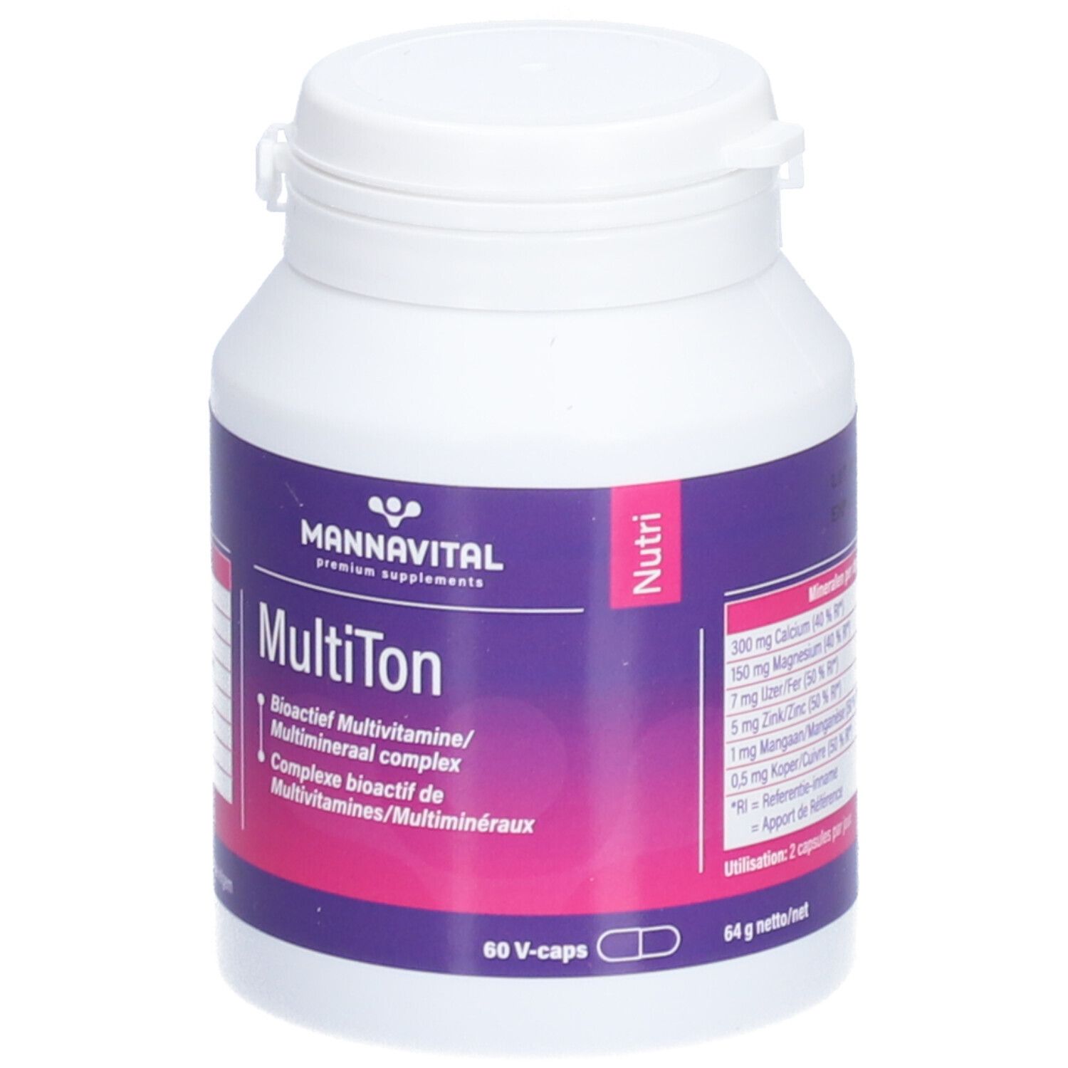 Flacon blanc avec étiquette violette. Inscription: MannaVital MultiTon, complexe multivitaminé/minéral bioactif. 60 gélules.