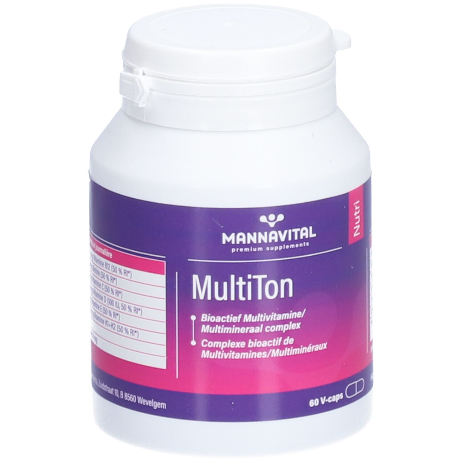 Flacon blanc avec étiquette violette. Inscription: MannaVital MultiTon, complexe multivitaminé/minéral bioactif. 60 gélules.