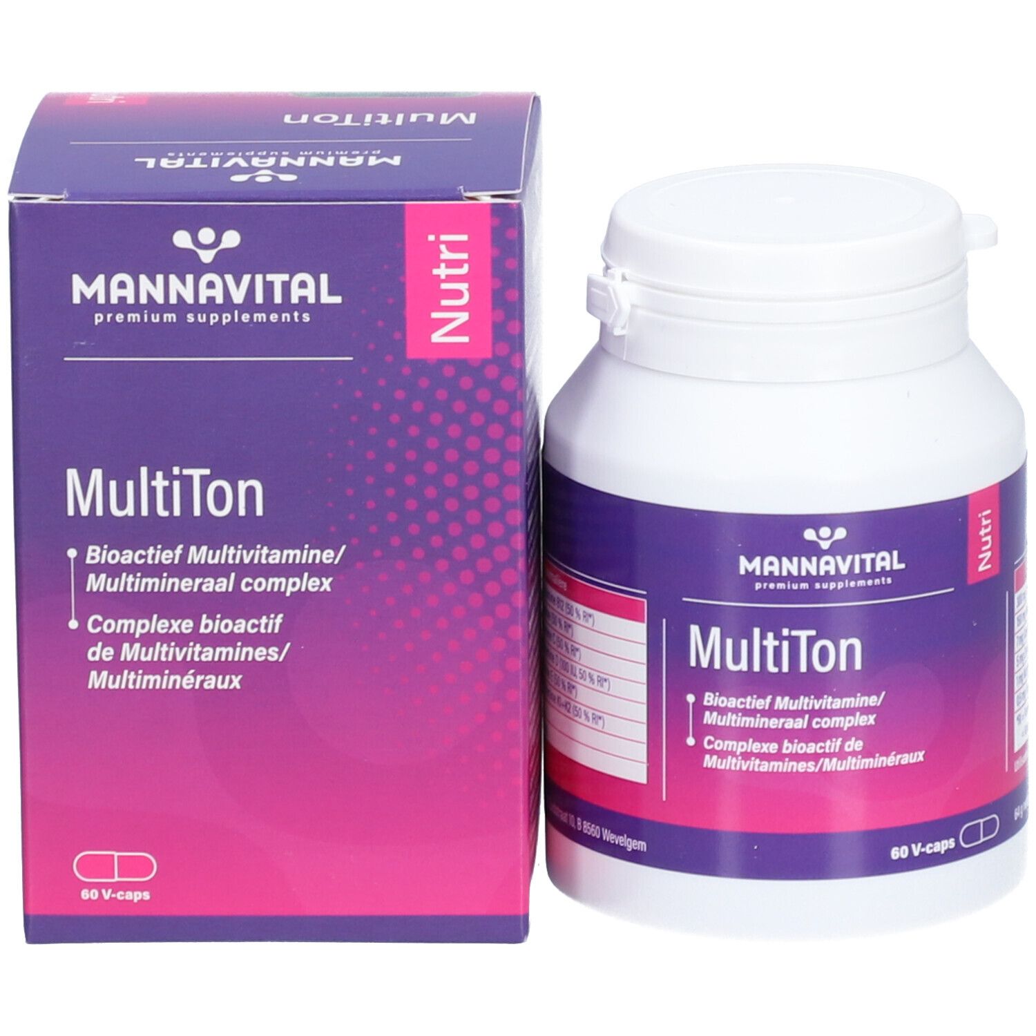 Emballage du produit avec flacon. Inscription: MannaVital MultiTon, complexe multivitaminé/minéral bioactif. 60 gélules.