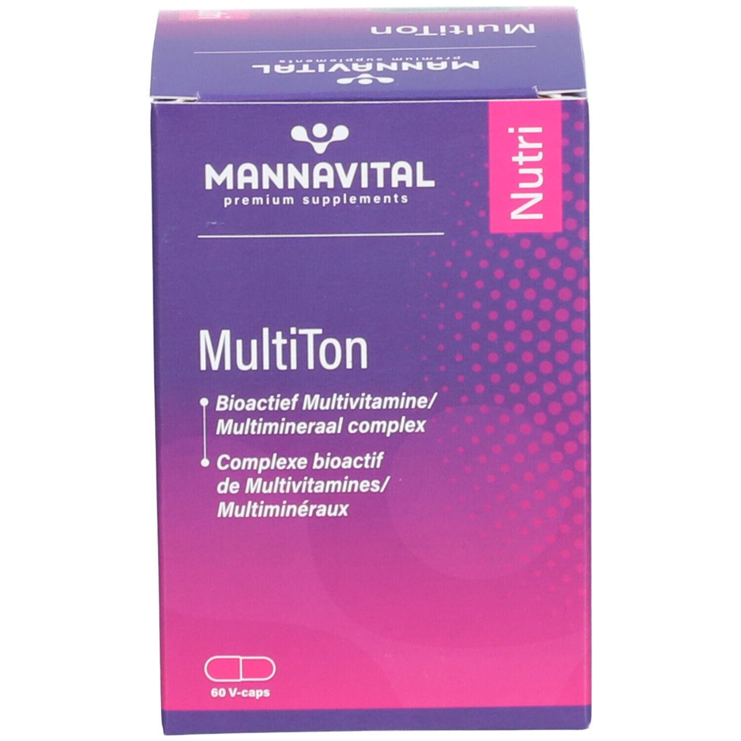 Emballage du produit. Inscription: MannaVital MultiTon, complexe multivitaminé/minéral bioactif. 60 gélules.
