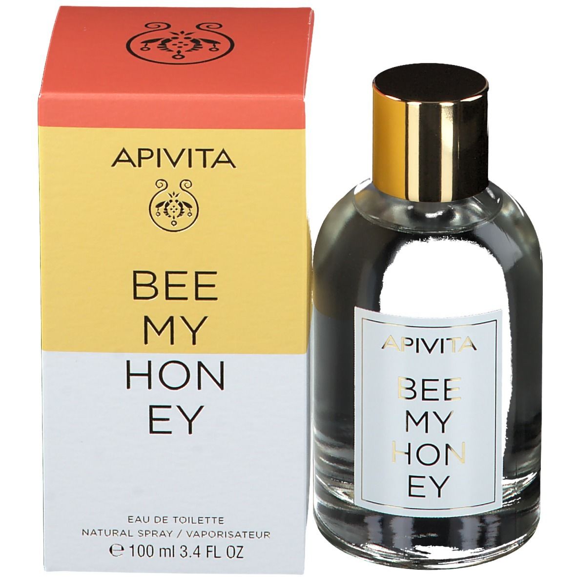 Runder, klarer Flakon mit goldfarbenem Verschluss. Weißes Etikett mit „Apivita Bee My Honey“ in Gold.