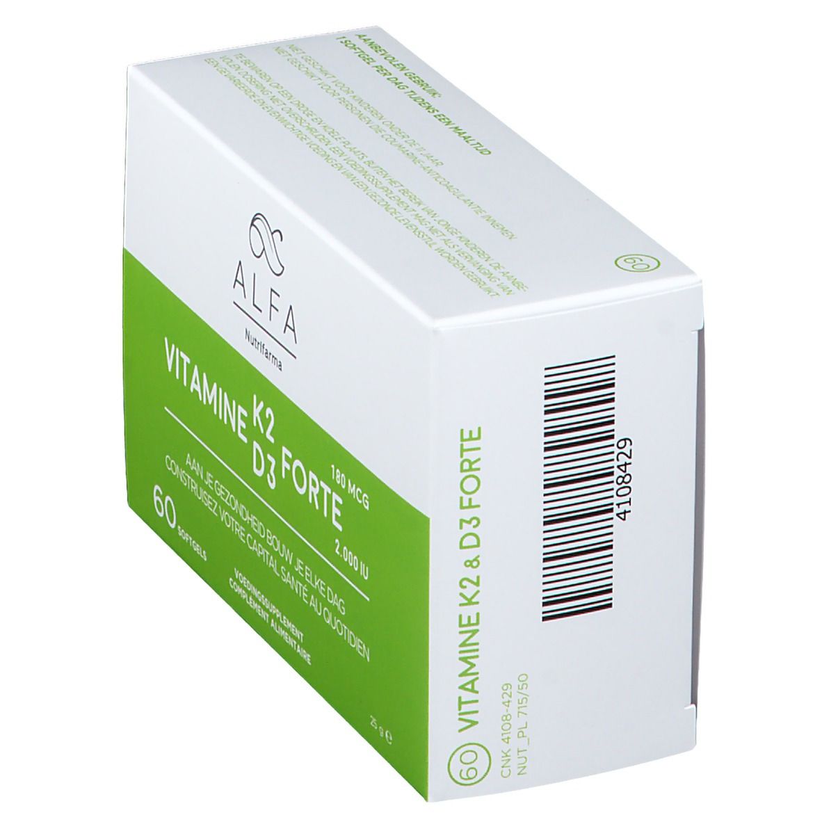 Boîte ALFA Vitamine K2 D3 forte. Boîte blanche avec accents verts et code-barres. 60 gélules.