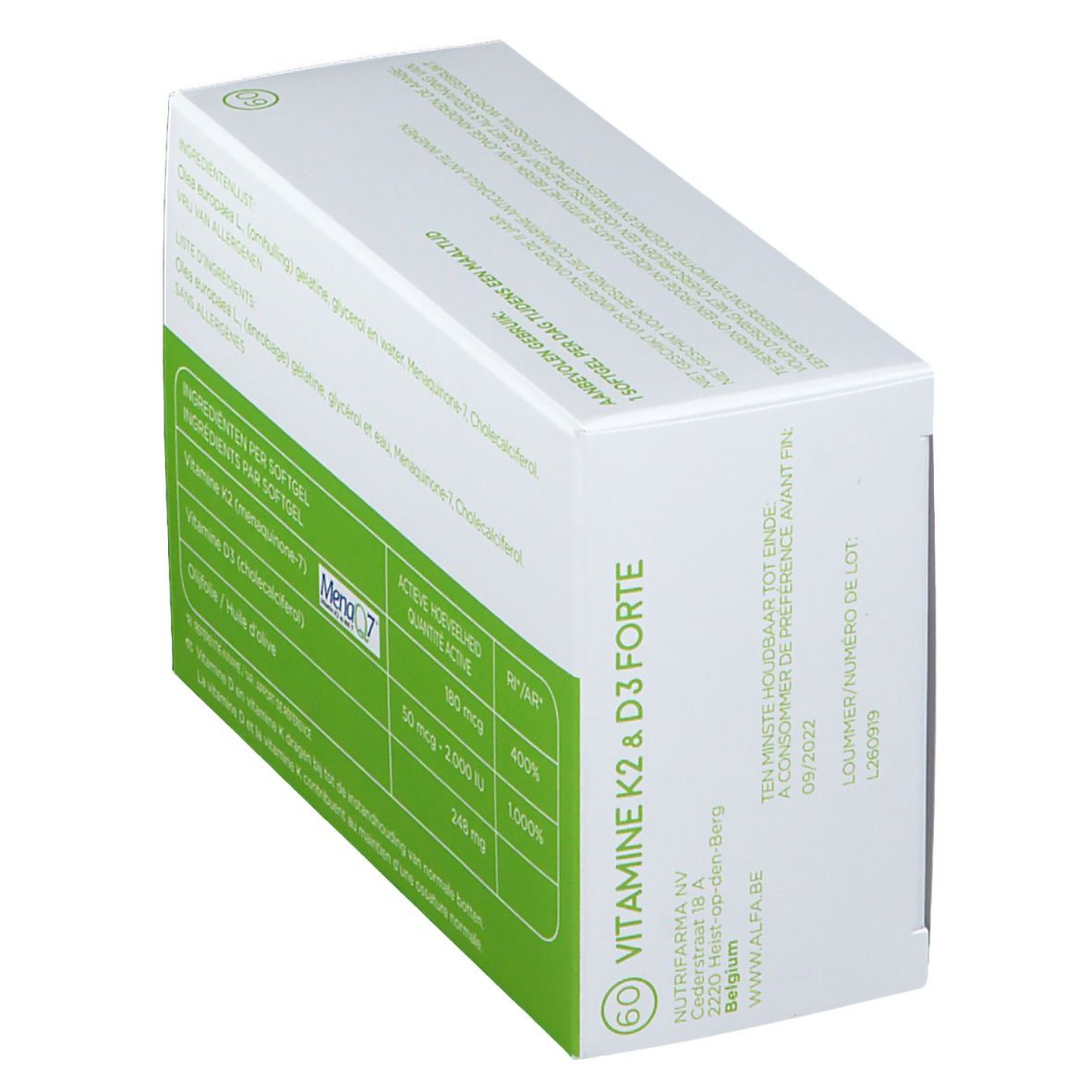 Boîte ALFA Vitamine K2 D3 forte. Informations sur les ingrédients et date de péremption. 60 gélules.