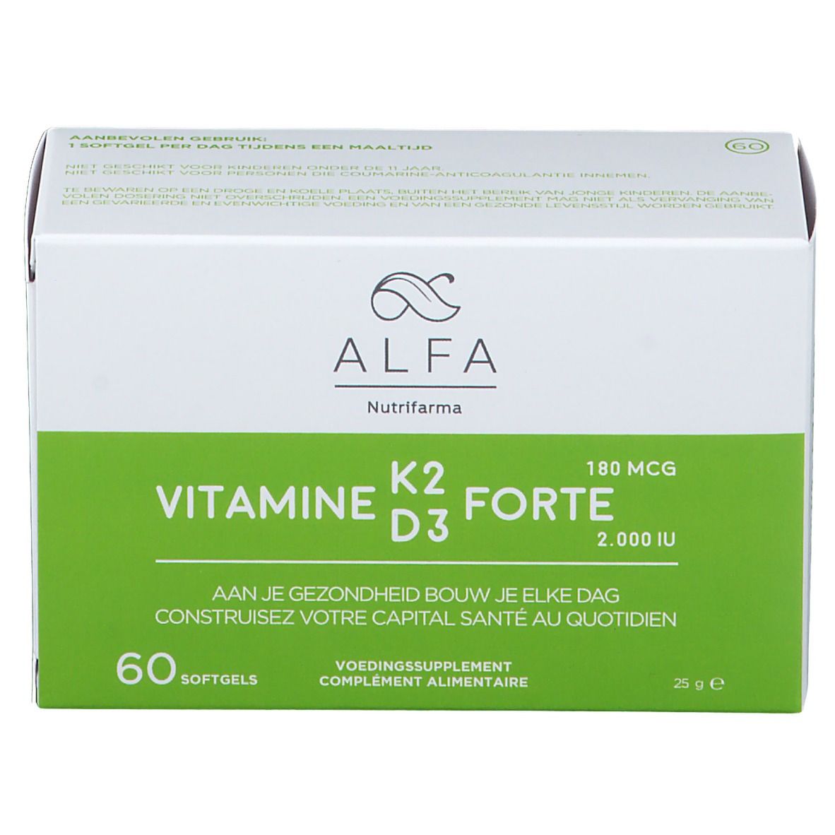 Boîte ALFA Vitamine K2 D3 forte. Boîte blanche et verte avec informations produit. 60 gélules.