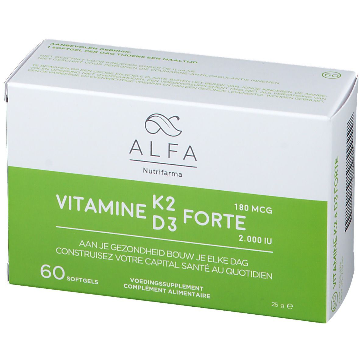 Boîte ALFA Vitamine K2 D3 forte. Boîte blanche et verte avec informations produit. 60 gélules.