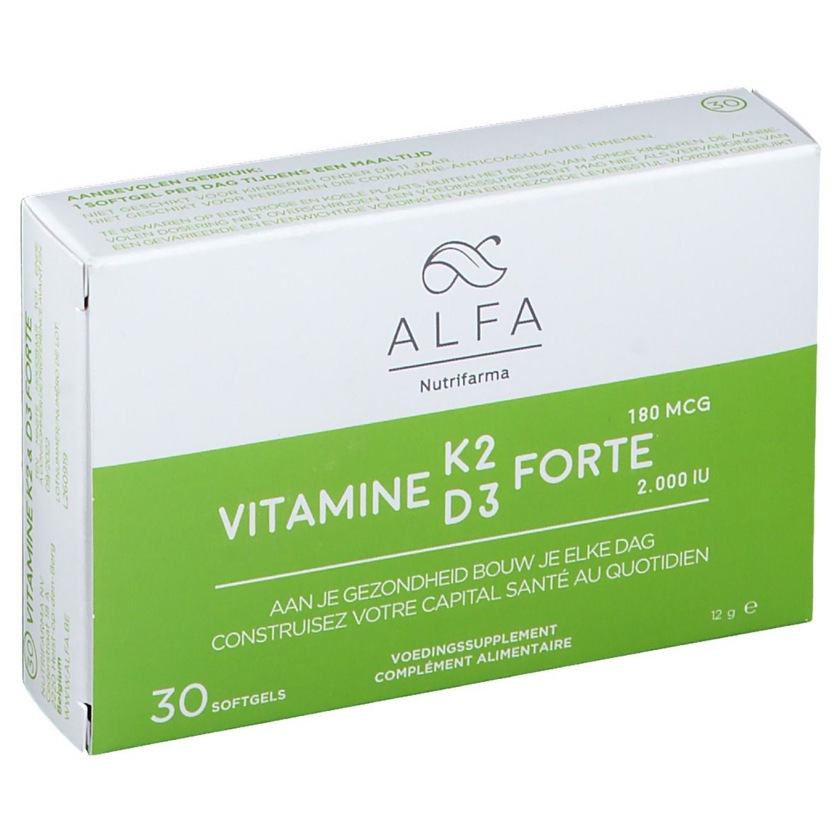Boîte blanche et verte avec logo ALFA et inscription 'Vitamine K2 D3 forte'. Contient 30 gélules.