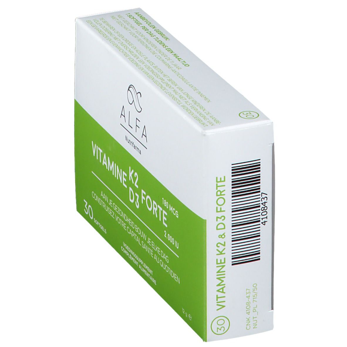Boîte 'Vitamine K2 & D3 forte' d'ALFA, blanche et verte. Code-barres et informations sur le côté.
