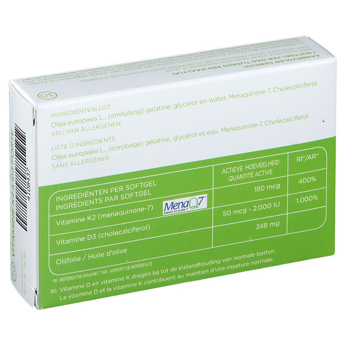 Dos de la boîte avec ingrédients et informations nutritionnelles pour 'Vitamine K2 D3 forte'.