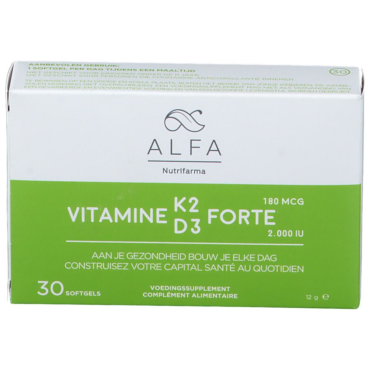 Boîte blanche et verte avec logo ALFA et inscription 'Vitamine K2 D3 forte'. Contient 30 gélules.