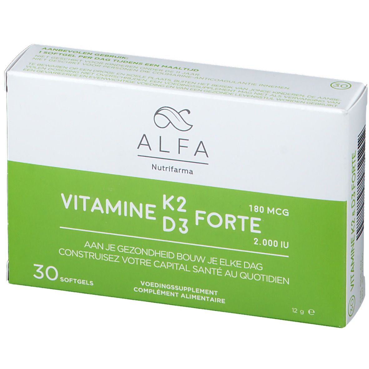 Boîte blanche et verte avec logo ALFA et inscription 'Vitamine K2 D3 forte'. Contient 30 gélules.