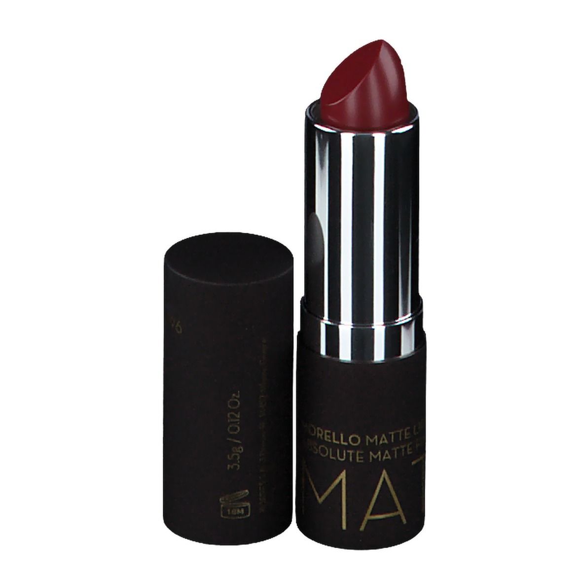 Burgunderroter Lippenstift, geöffnet. Schwarze Hülse mit silbernem Ring. Aufschrift: MORELLO MATTE LIPSTICK.