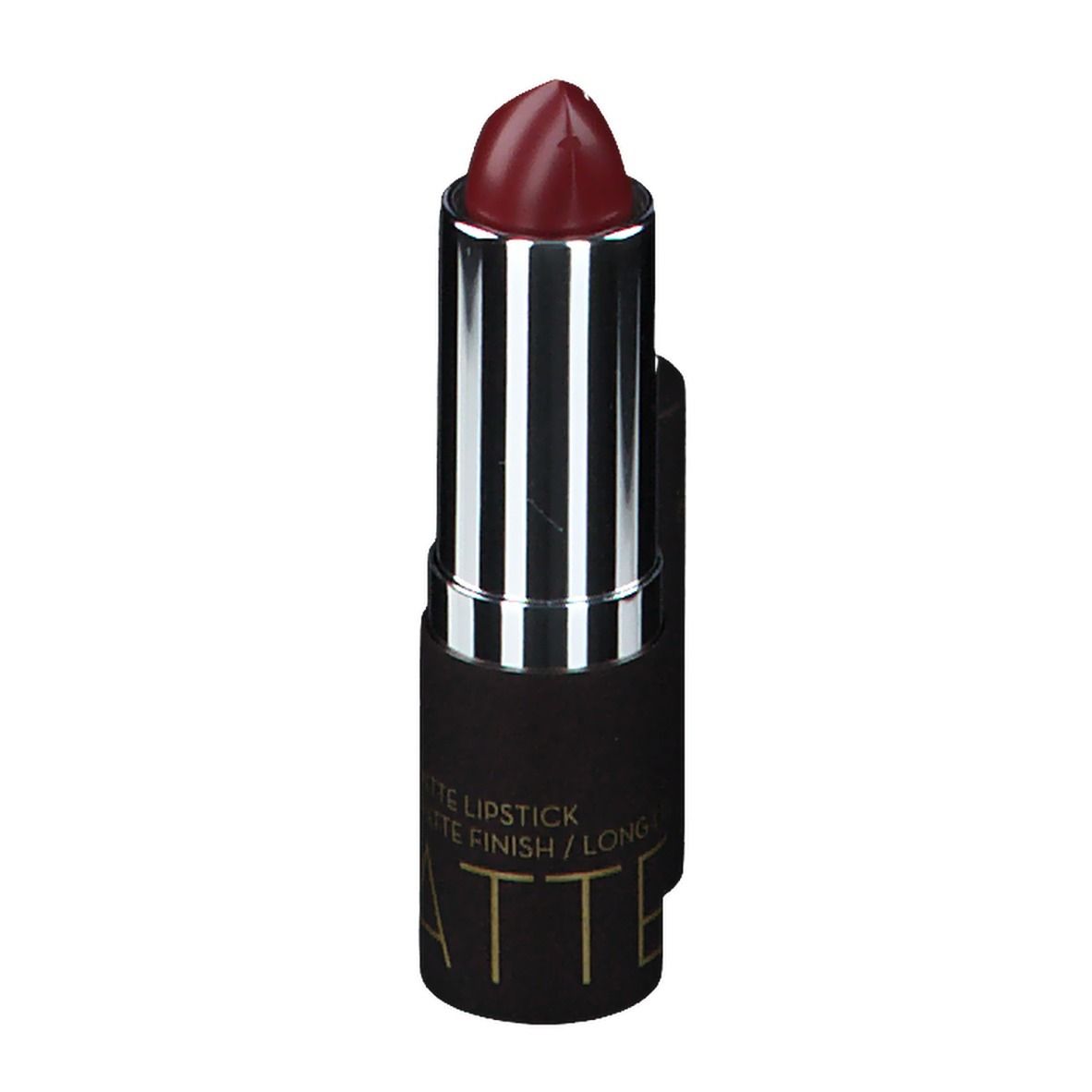Burgunderroter Lippenstift. Schwarze Hülse mit silbernem Ring. Aufschrift: MORELLO MATTE LIPSTICK.