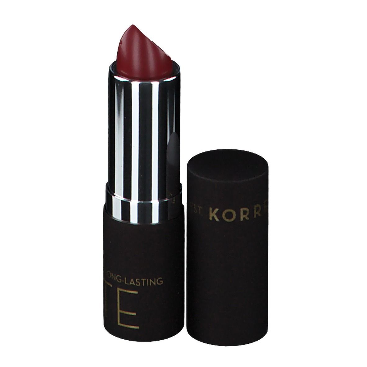 Burgunderroter Lippenstift, geöffnet. Schwarze Hülse. Aufschrift: MORELLO MATTE LIPSTICK.