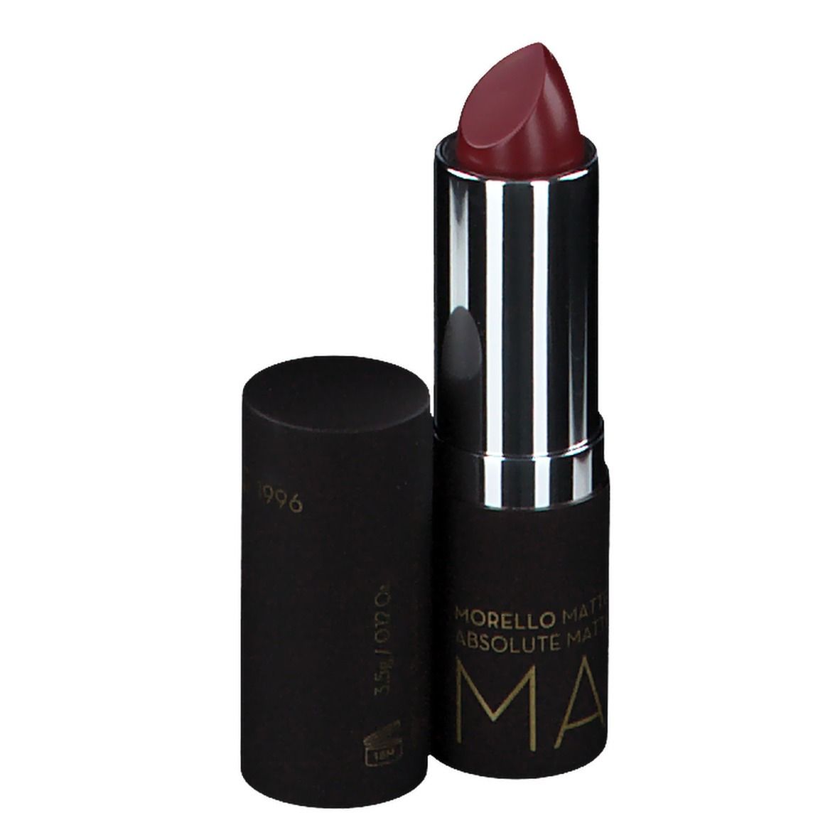 Burgunderroter Lippenstift, geöffnet. Schwarze Hülse. Aufschrift: MORELLO MATTE LIPSTICK.