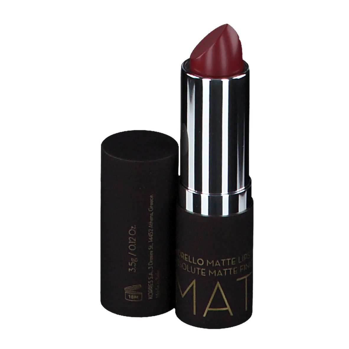 Burgunderroter Lippenstift, geöffnet. Schwarze Hülse. Aufschrift: MORELLO MATTE LIPSTICK.