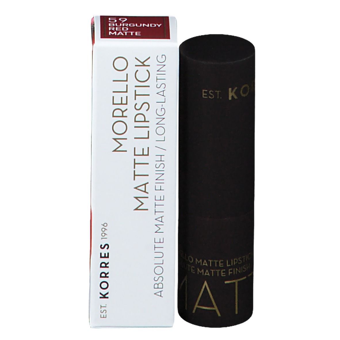 Lippenstift in Verpackung. Weißer Karton mit Aufschrift: MORELLO MATTE LIPSTICK. Farbe: 59 Burgundy Red.