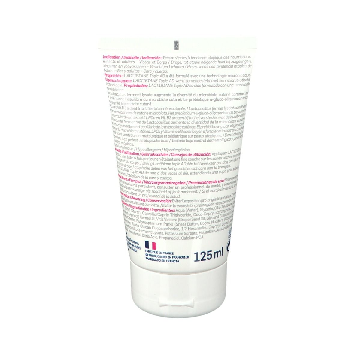 Rückseite einer Creme-Tube. Text in mehreren Sprachen, darunter Französisch und Spanisch. Volumen: 125 ml. Marke: PILEJE.