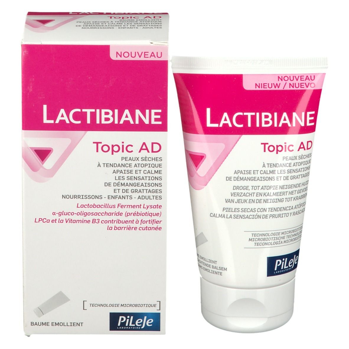 Produktverpackung mit Tube und Karton. Aufschrift: LACTIBIANE Topic AD. Marke: PILEJE. Text in Französisch, Niederländisch und Spanisch.