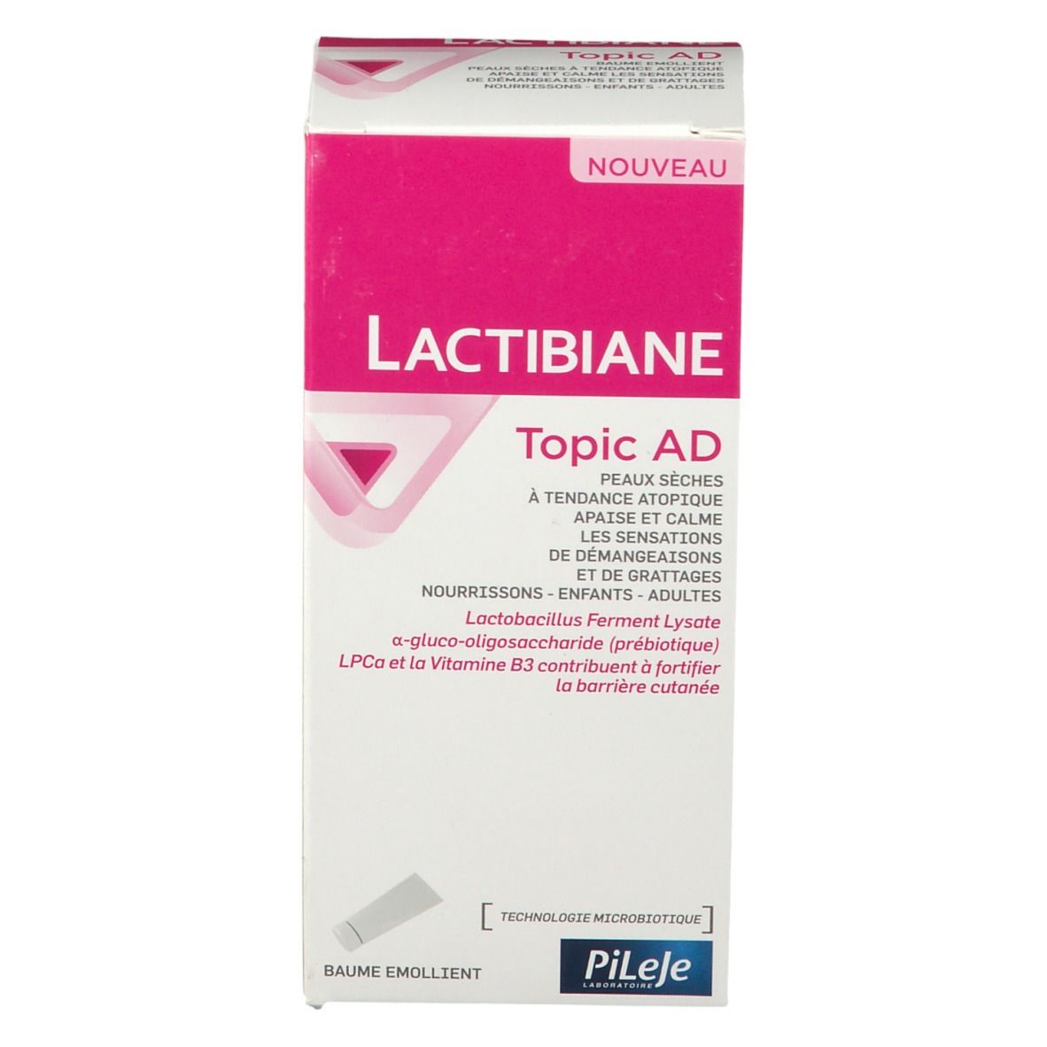 Kartonverpackung mit Aufschrift: LACTIBIANE Topic AD. Marke: PILEJE. Text in Französisch, Niederländisch und Spanisch. Neu-Etikett.